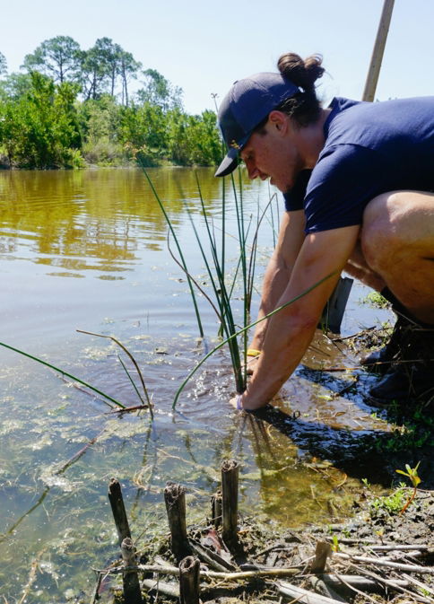 a woman crouches down to collect water from a pond